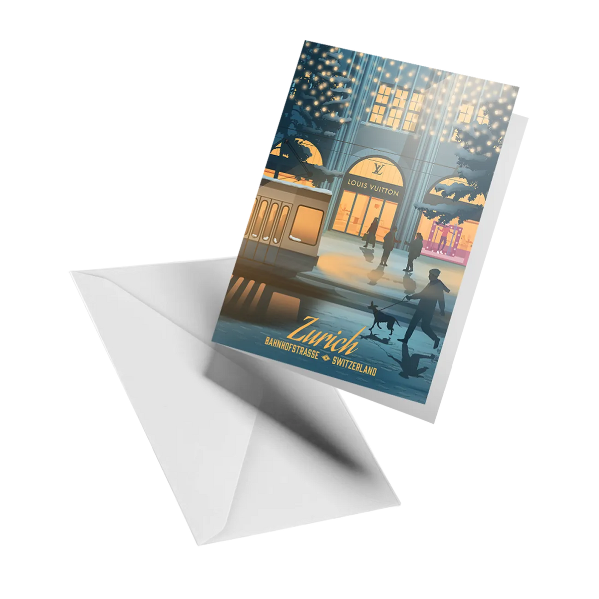 Illustrated greeting card by LEKKA: Zurich's Bahnhofstrasse on a winter evening with Christmas lights