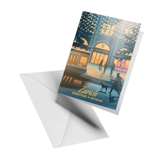 Illustrated greeting card by LEKKA: Zurich's Bahnhofstrasse on a winter evening with Christmas lights