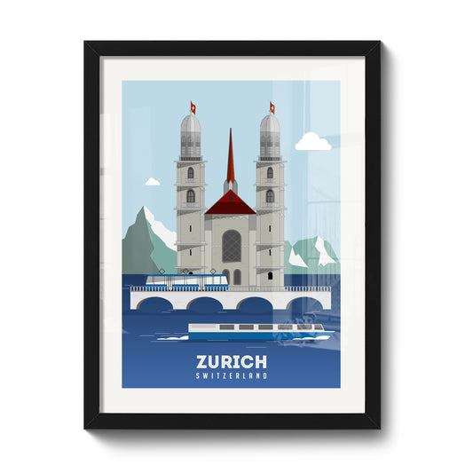 Tirage encadré 30 x 40 cm LEKKA : Le Grossmünster et la vieille ville de Zurich, avec tram et lac