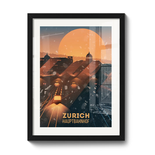 30 x 40 cm framed print by LEKKA: The bustle of Zurich Hauptbahnhof, the heart of the city
