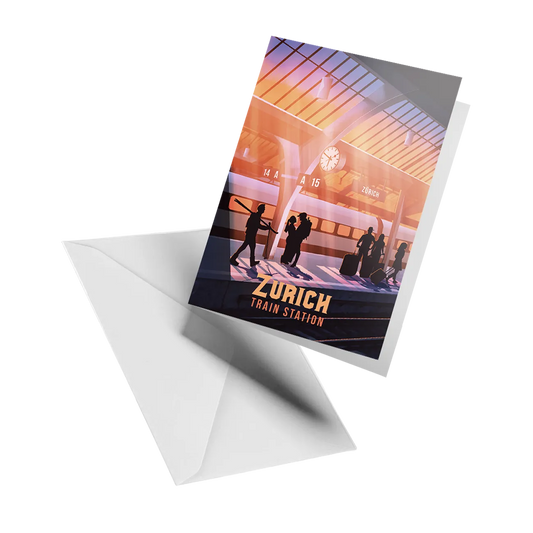 Illustrated greeting card by LEKKA: A sunset platform at Zurich's main station