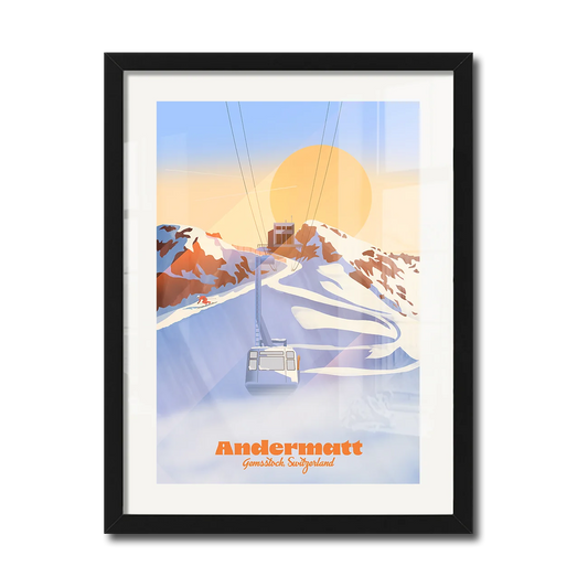 30 x 40 cm framed print by LEKKA: The Gemsstock cable car above Andermatt at sunrise, in winter