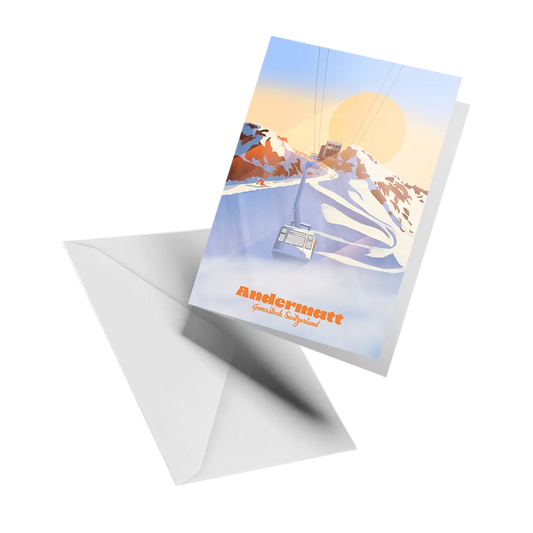 Illustrated greeting card by LEKKA: The Gemsstock cable car above Andermatt at sunrise, in winter