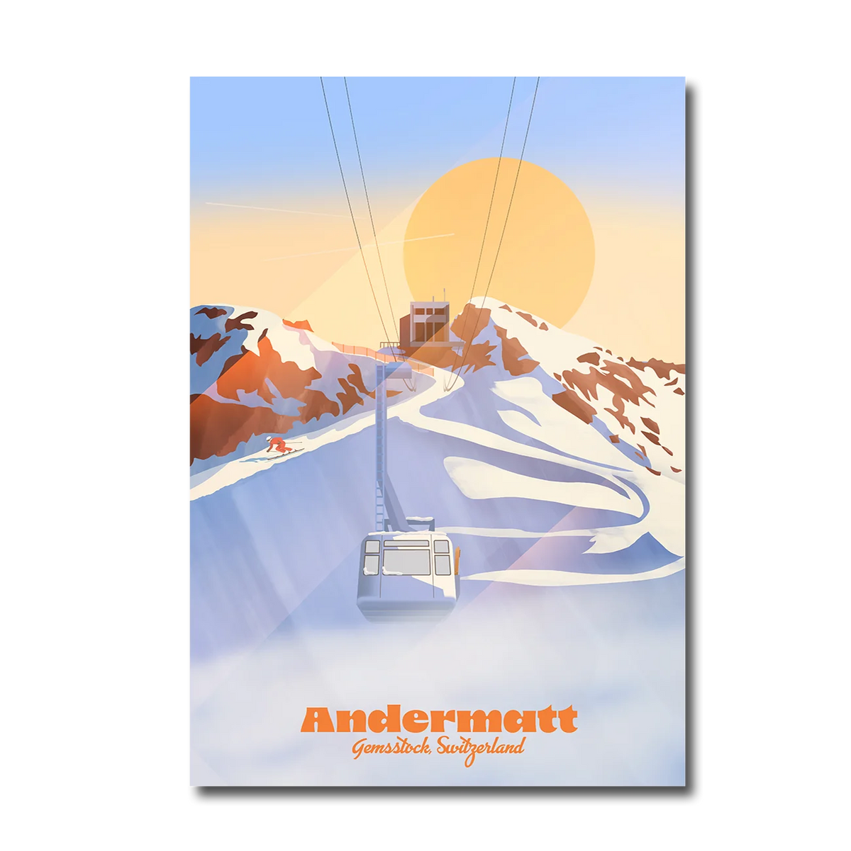 Aluminium Dibond print by LEKKA: The Gemsstock cable car above Andermatt at sunrise, in winter
