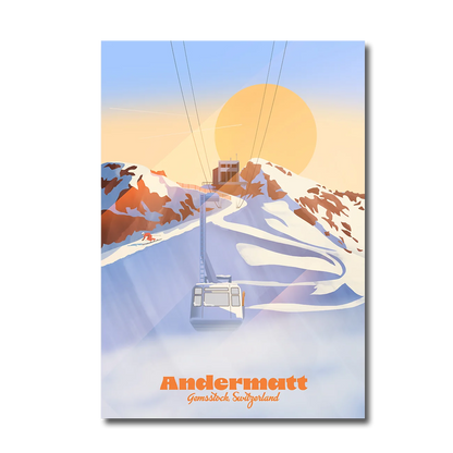 Aluminium Dibond print by LEKKA: The Gemsstock cable car above Andermatt at sunrise, in winter