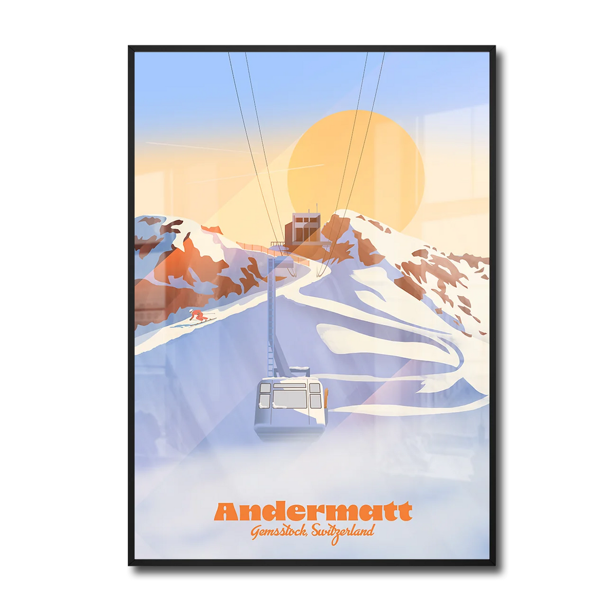 Framed A2 poster by LEKKA: The Gemsstock cable car above Andermatt at sunrise, in winter