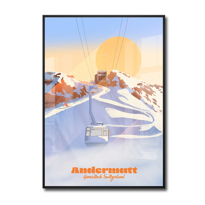 Framed A2 poster by LEKKA: The Gemsstock cable car above Andermatt at sunrise, in winter