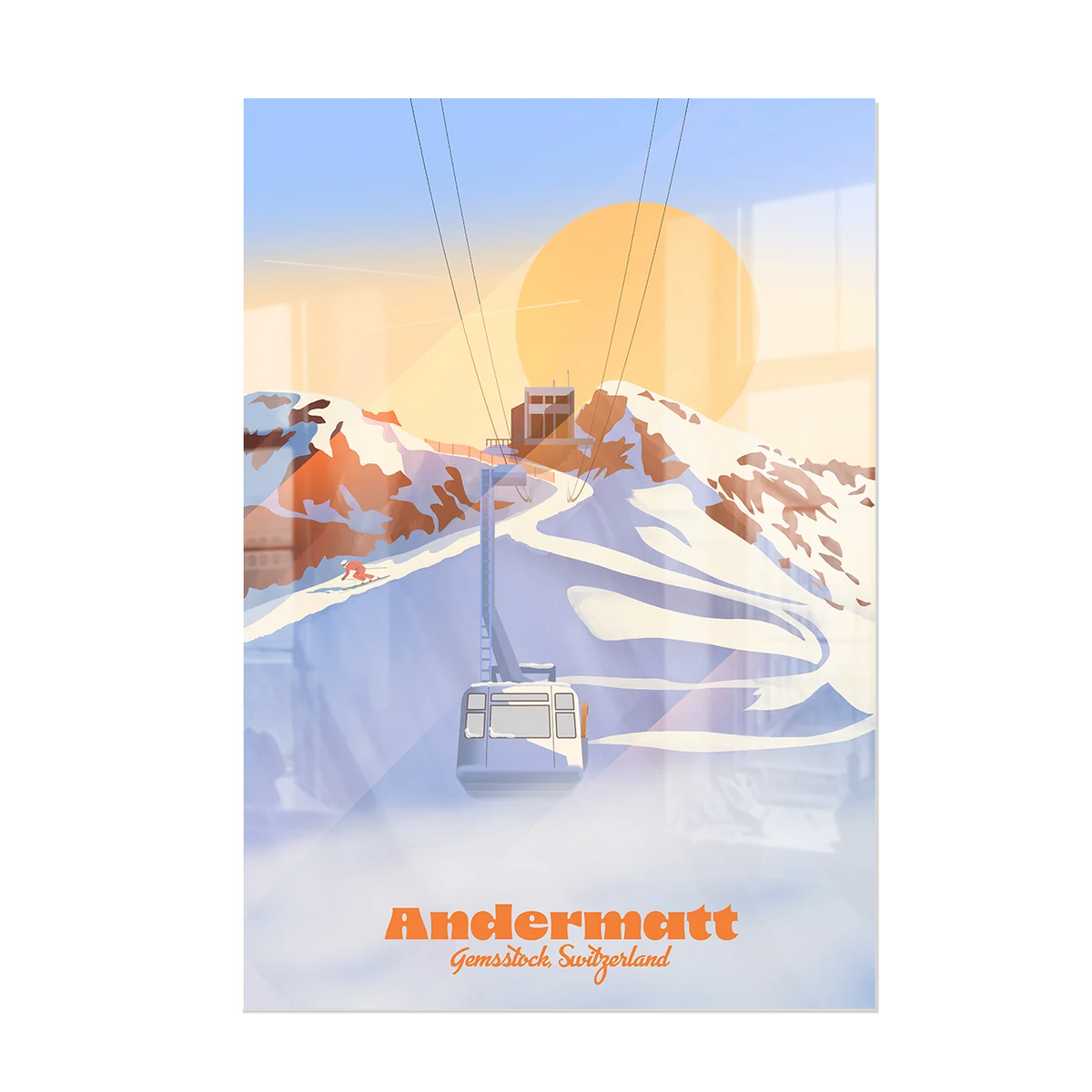 Plexiglas print by LEKKA: The Gemsstock cable car above Andermatt at sunrise, in winter