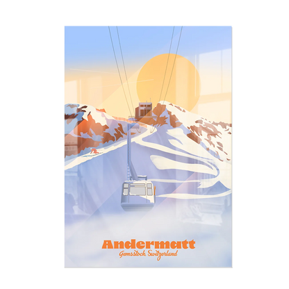 Plexiglas print by LEKKA: The Gemsstock cable car above Andermatt at sunrise, in winter