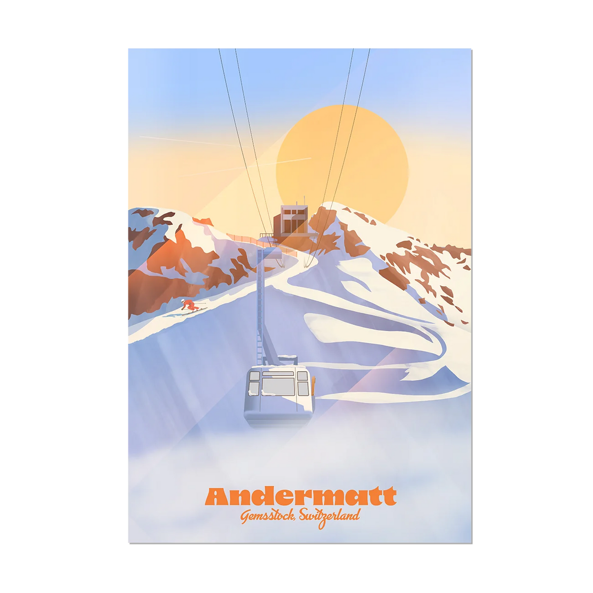 Unframed A2 poster by LEKKA: The Gemsstock cable car above Andermatt at sunrise, in winter