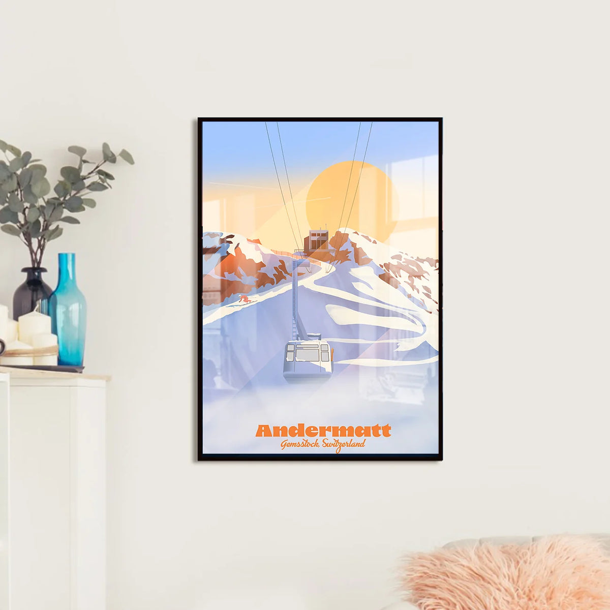 LEKKA print on a living room wall: The Gemsstock cable car above Andermatt at sunrise, in winter