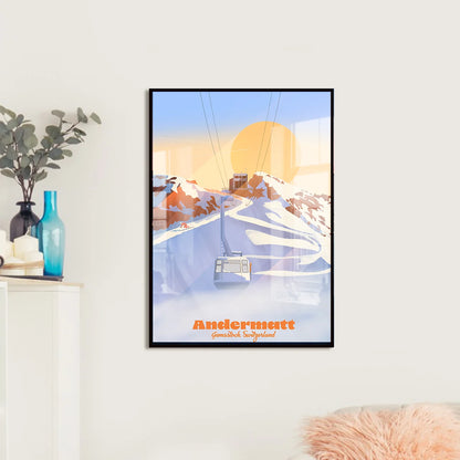 LEKKA print on a living room wall: The Gemsstock cable car above Andermatt at sunrise, in winter