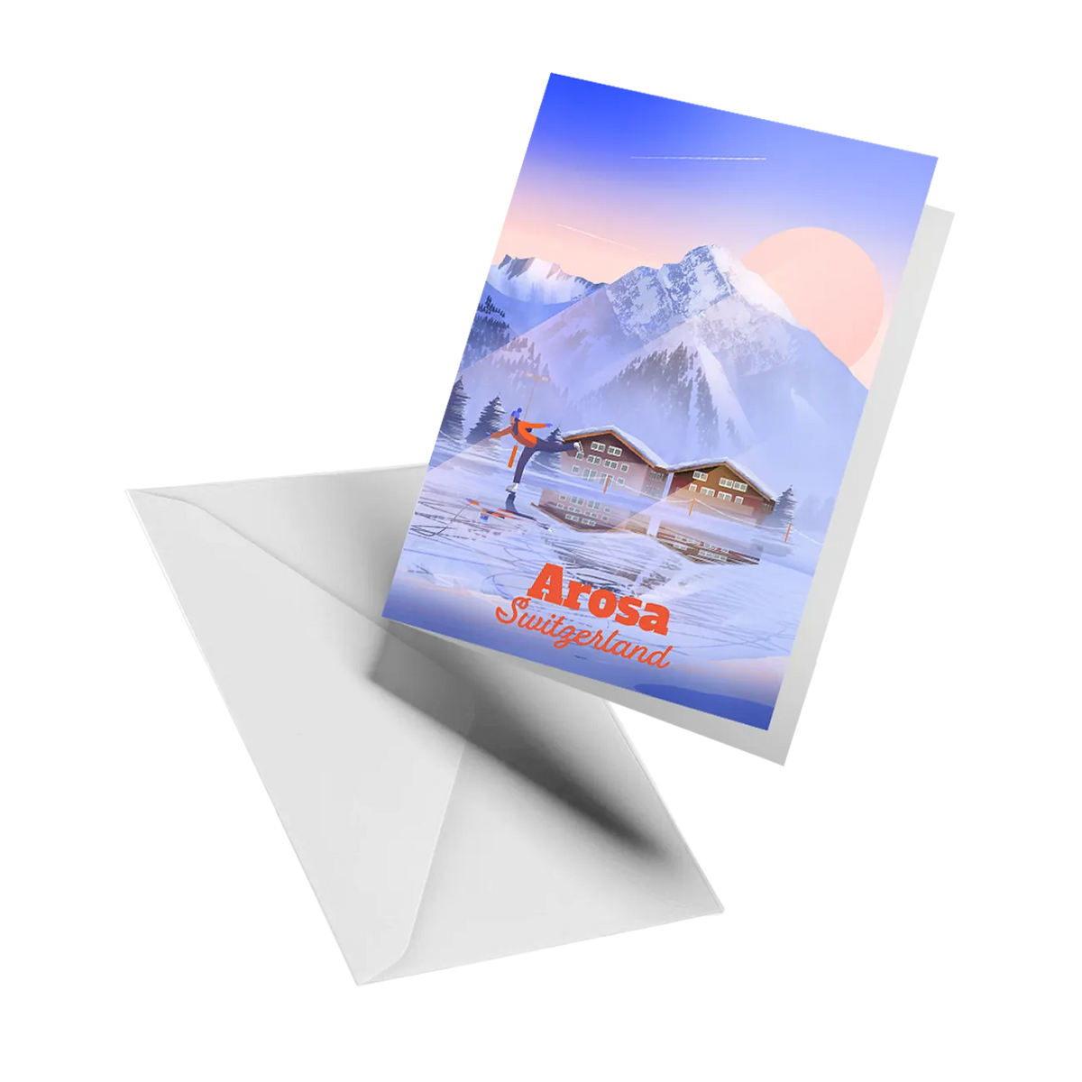 Illustrated greeting card by LEKKA: A misty early morning of ice skating on the frozen lake in Arosa