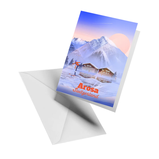 Illustrated greeting card by LEKKA: A misty early morning of ice skating on the frozen lake in Arosa