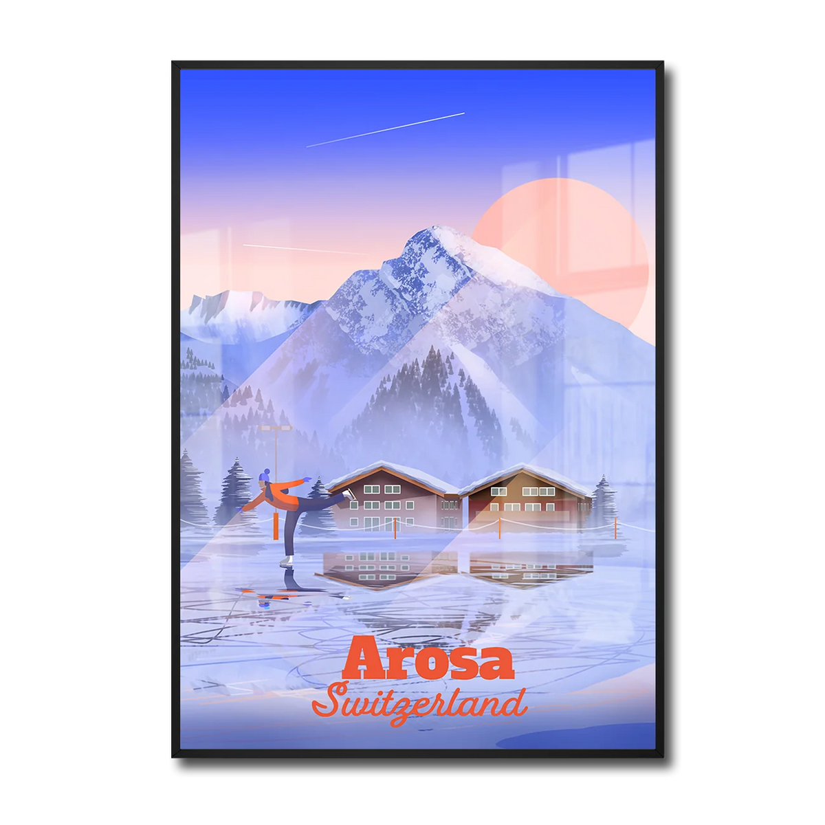 Framed A2 poster by LEKKA: A misty early morning of ice skating on the frozen lake in Arosa