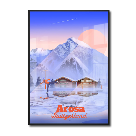 Framed A2 poster by LEKKA: A misty early morning of ice skating on the frozen lake in Arosa