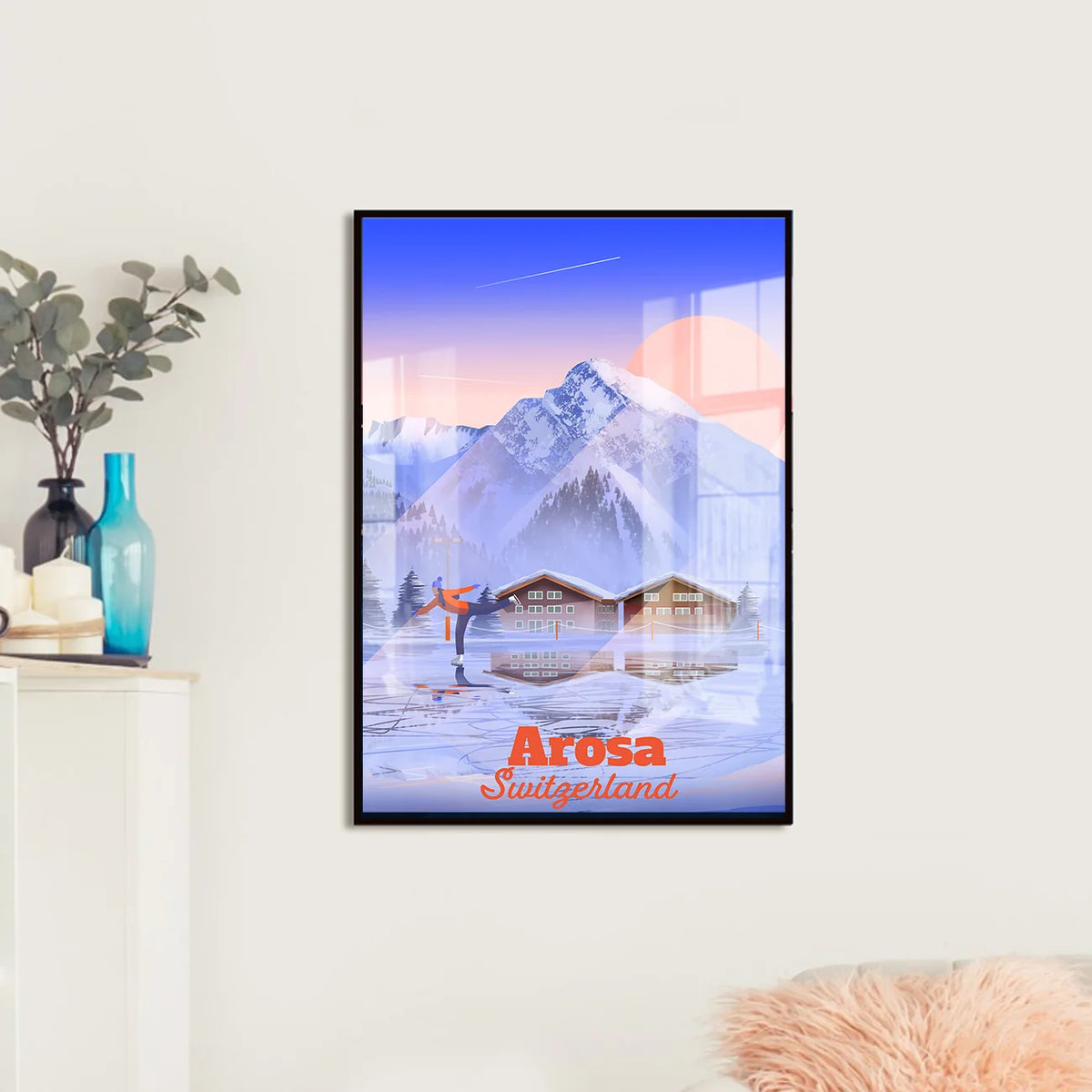 LEKKA print on a living room wall: A misty early morning of ice skating on the frozen lake in Arosa