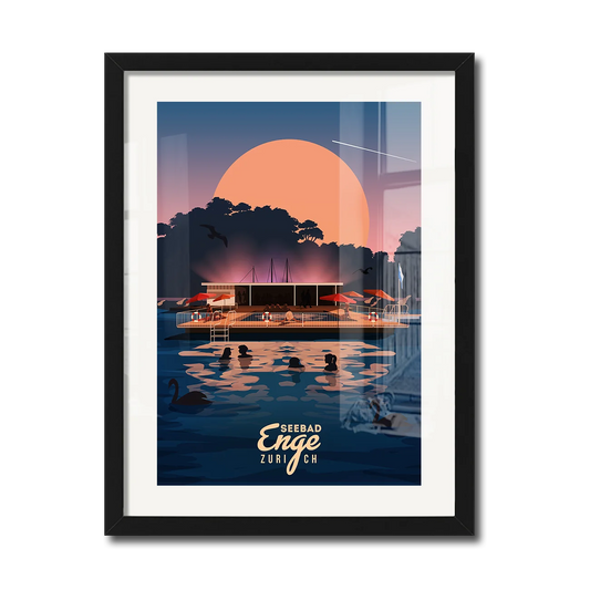 30 x 40 cm framed print by LEKKA: Badi Enge, the floating summer bath on Lake Zurich