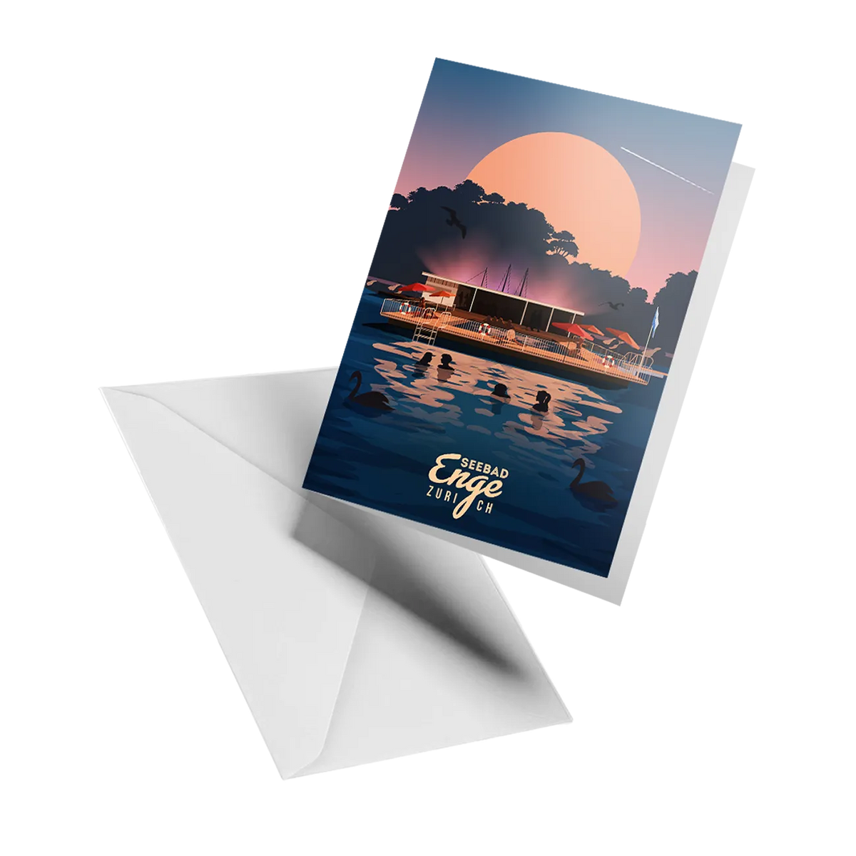 Illustrated greeting card by LEKKA: Badi Enge, the floating summer bath on Lake Zurich, glowing at sunset