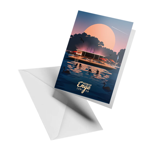Illustrated greeting card by LEKKA: Badi Enge, the floating summer bath on Lake Zurich, glowing at sunset