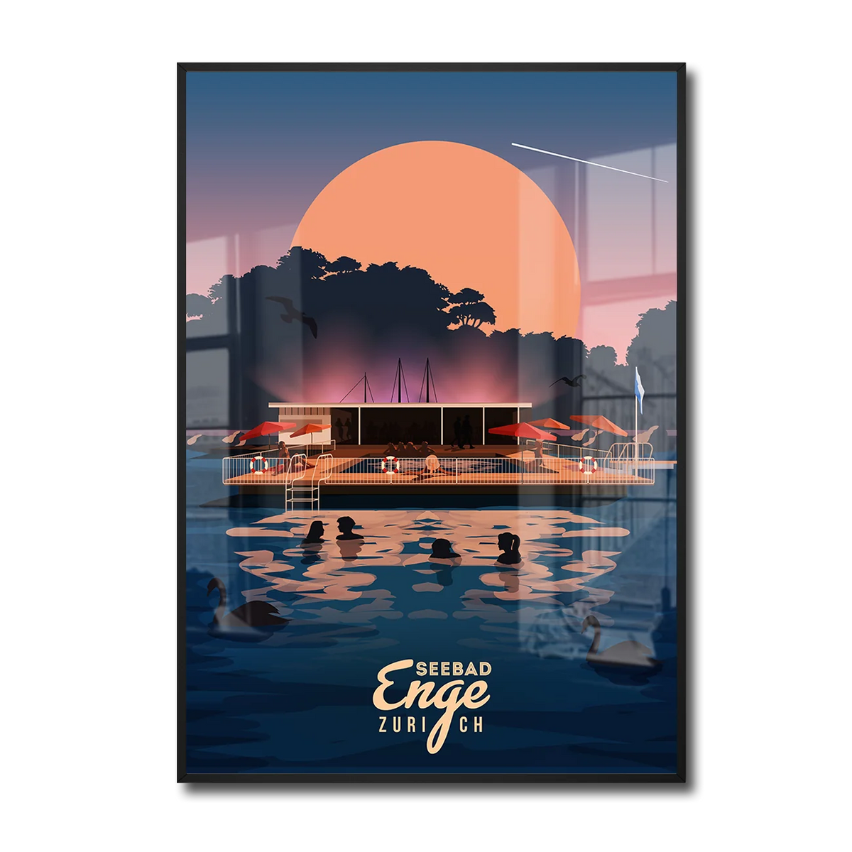 Framed A2 poster by LEKKA: Badi Enge, the floating summer bath on Lake Zurich
