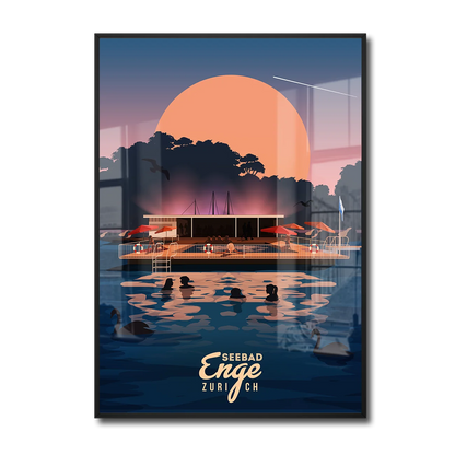 Framed A2 poster by LEKKA: Badi Enge, the floating summer bath on Lake Zurich