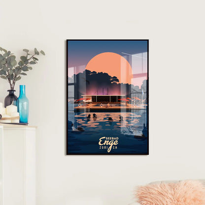 LEKKA print on a living room wall: Badi Enge, the floating summer bath on Lake Zurich