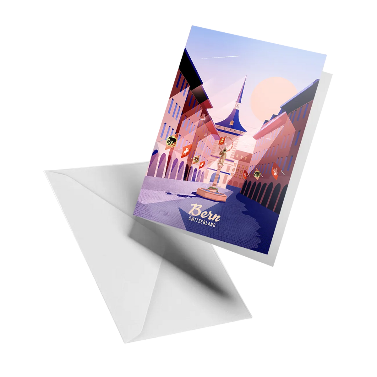Illustrated greeting card by LEKKA: Bern's famous Zytglogge clock tower in the old town