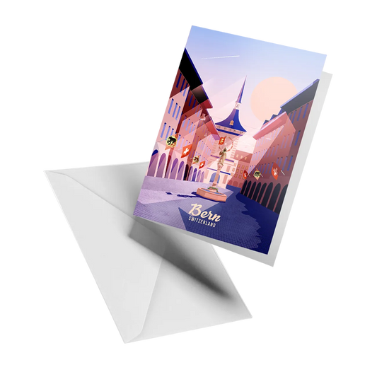 Illustrated greeting card by LEKKA: Bern's famous Zytglogge clock tower in the old town