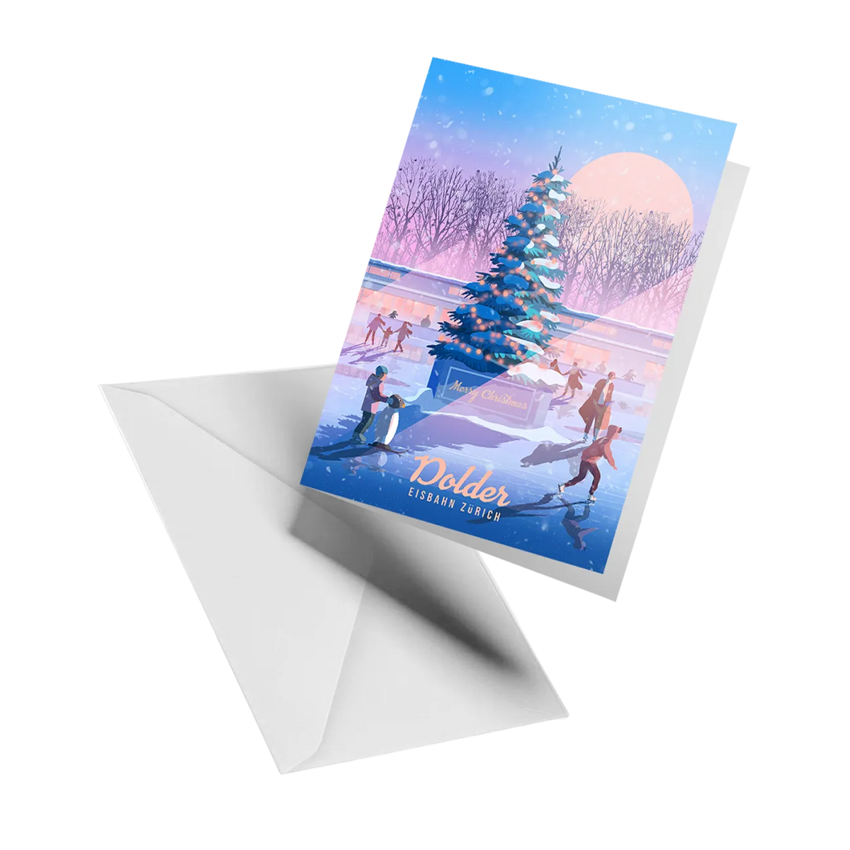 Illustrated greeting card by LEKKA: Christmas at the Dolder ice rink in Zurich, with skaters, snow and a glowing tree