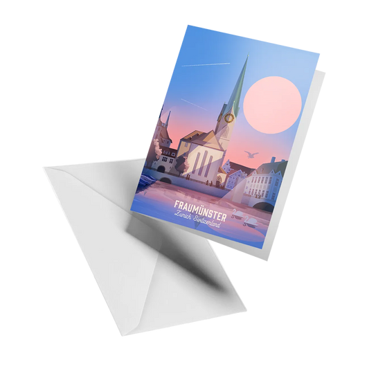 Illustrated greeting card by LEKKA: The Fraumünster church on the Limmat in Zurich