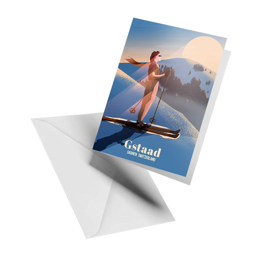 Illustrated greeting card by LEKKA: A nostalgic lady poised above the Gstaad valley