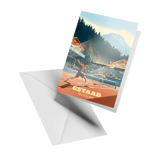 Illustrated greeting card by LEKKA: The Gstaad Tennis Club in full swing, with red clay courts