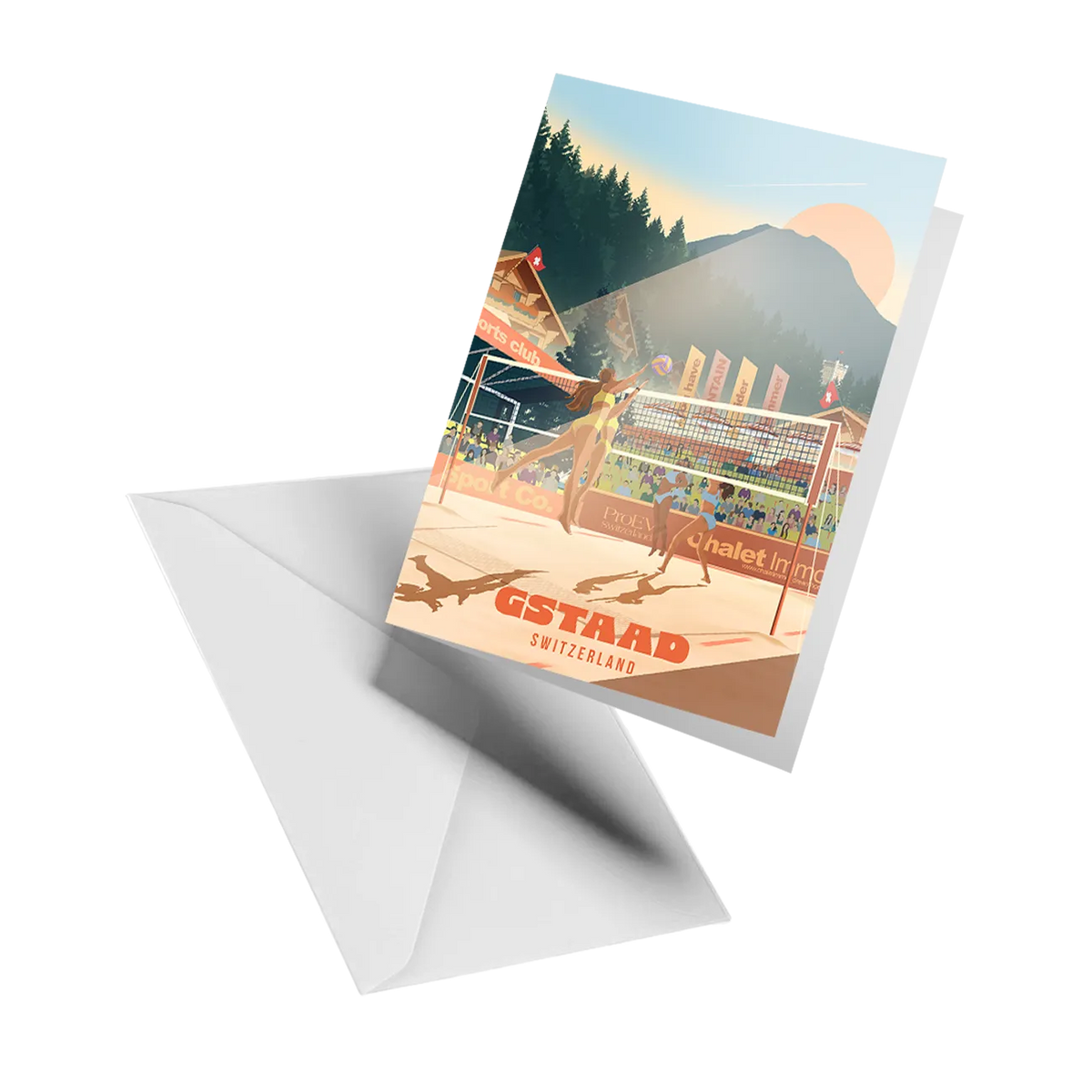 Illustrated greeting card by LEKKA: Beach volleyball in Gstaad in summer