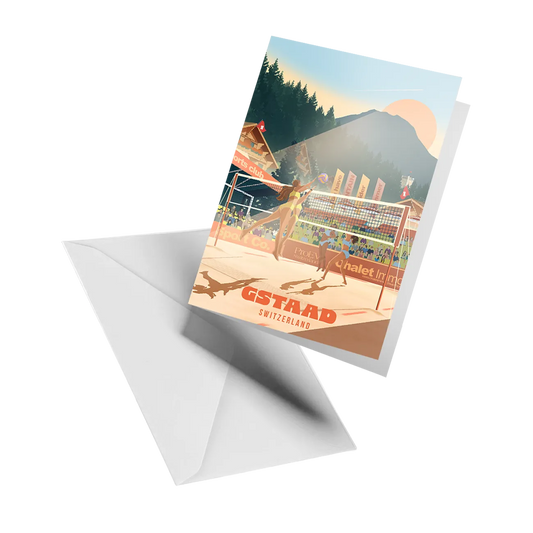 Illustrated greeting card by LEKKA: Beach volleyball in Gstaad in summer