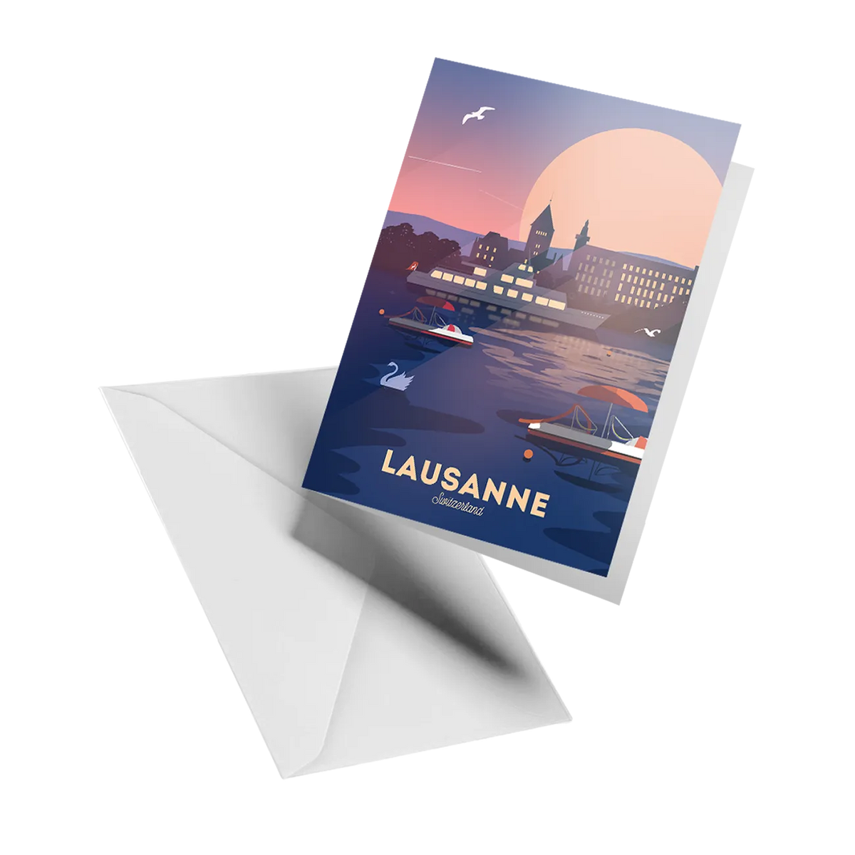 Illustrated greeting card by LEKKA: Lausanne on the shore of Lake Geneva