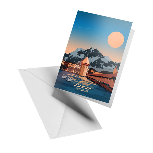 Illustrated greeting card by LEKKA: Lucerne with snowy mountains behind the lake
