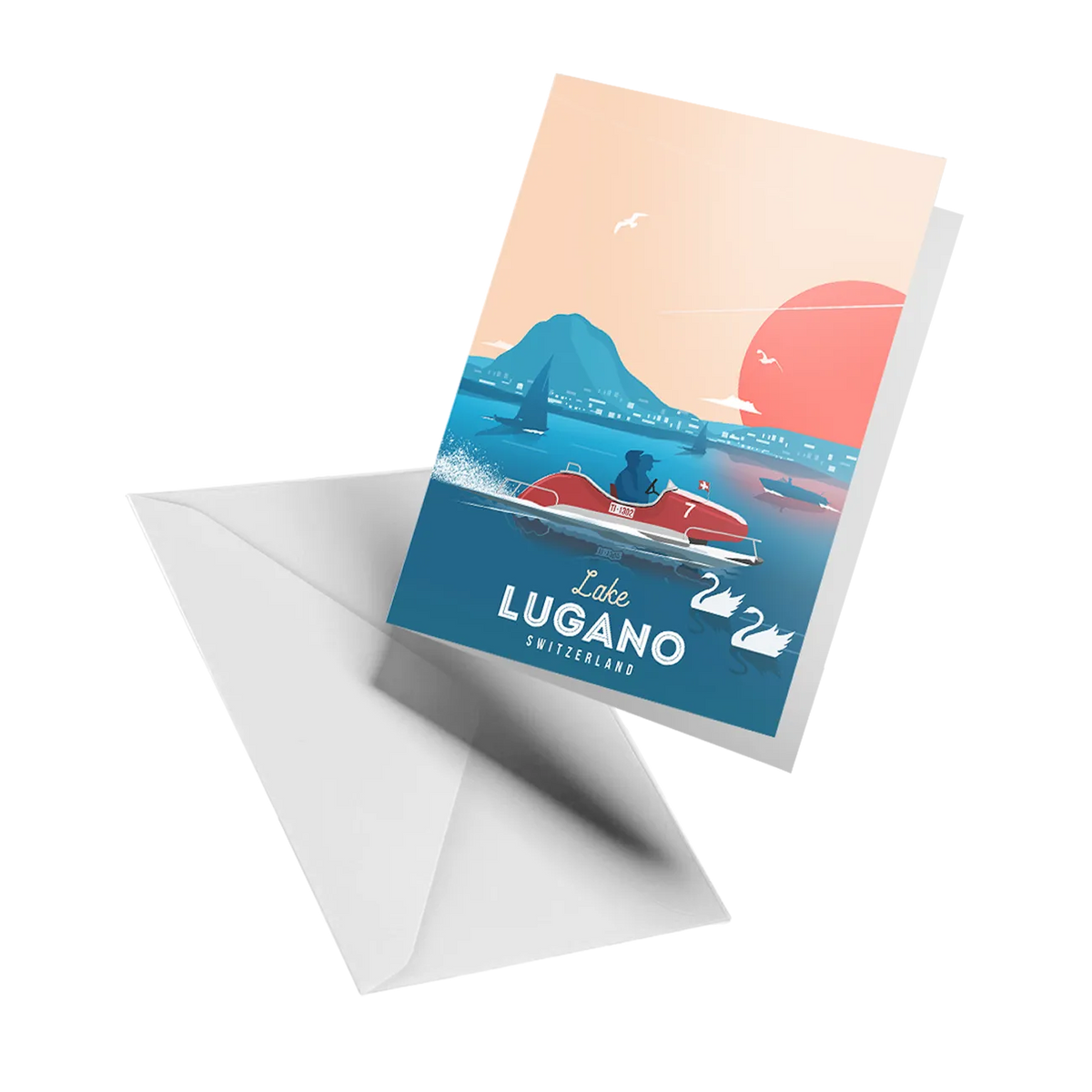 Illustrated greeting card by LEKKA: Classic pedal boats on Lake Lugano on a warm summer day