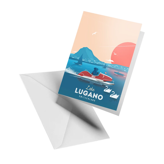 Illustrated greeting card by LEKKA: Classic pedal boats on Lake Lugano on a warm summer day