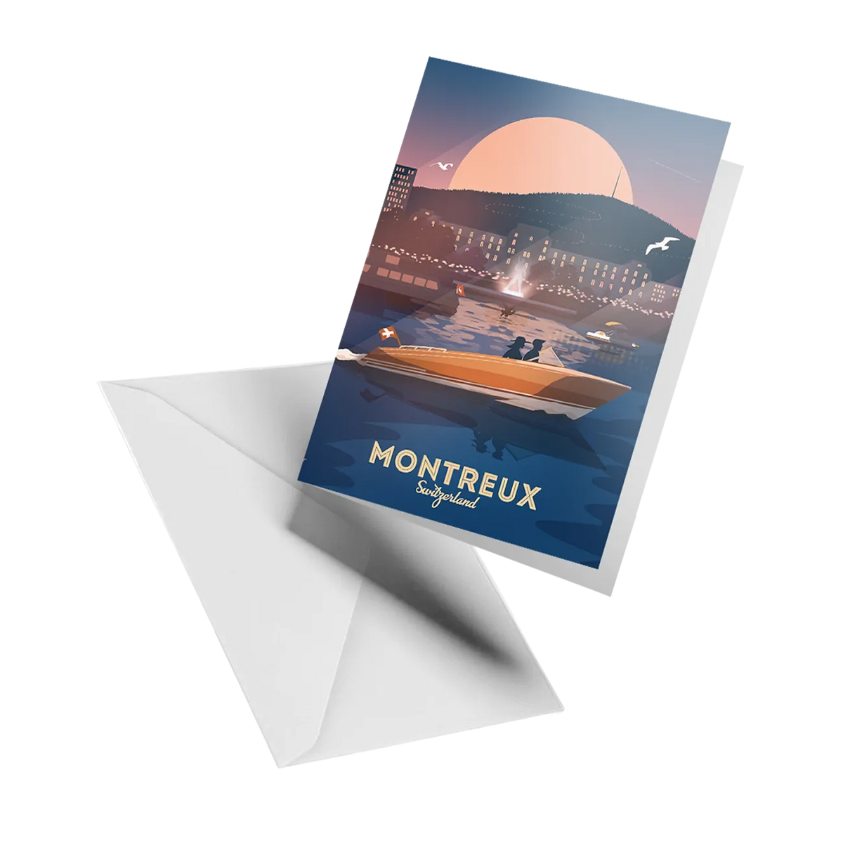 Illustrated greeting card by LEKKA: The Montreux Jazz Festival reflected in Lake Geneva