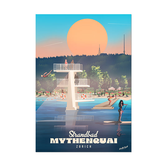 Strandbad Mythenquai illustrated art print — Switzerland lake poster, unframed poster print.