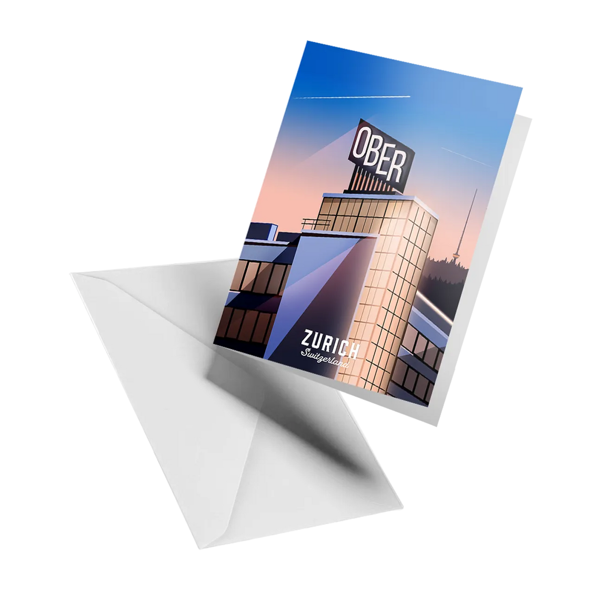 Illustrated greeting card by LEKKA: The Bauhaus-style Ober building in Zurich, with the Uetliberg behind