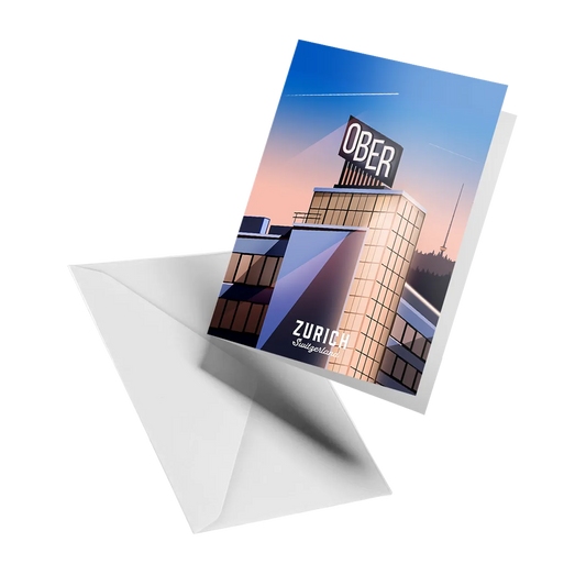 Illustrated greeting card by LEKKA: The Bauhaus-style Ober building in Zurich, with the Uetliberg behind