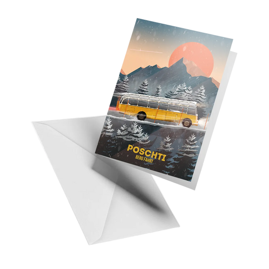 Illustrated greeting card by LEKKA: The yellow PostAuto bus winding up a snowy mountain road
