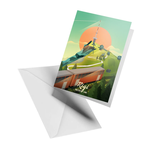 Illustrated greeting card by LEKKA: Mount Rigi and its cogwheel train on a summer day