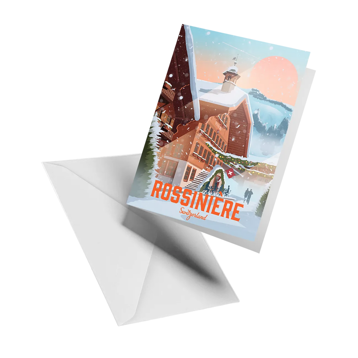 Illustrated greeting card by LEKKA: The village of Rossinière in the Pays-d'Enhaut