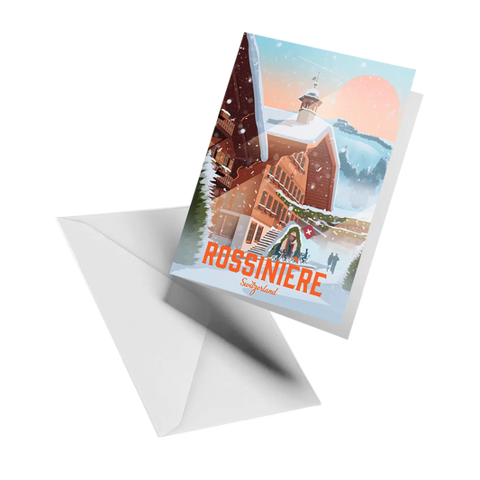 Illustrated greeting card by LEKKA: The village of Rossinière in the Pays-d'Enhaut