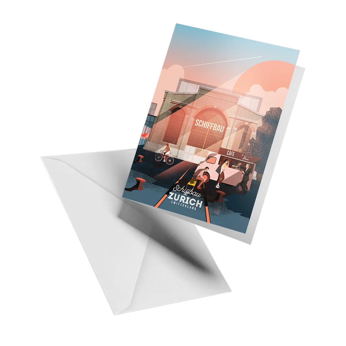 Illustrated greeting card by LEKKA: Schiffbau in Zurich coming alive for the evening as the sun sets