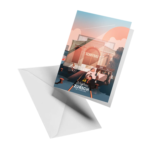 Illustrated greeting card by LEKKA: Schiffbau in Zurich coming alive for the evening as the sun sets
