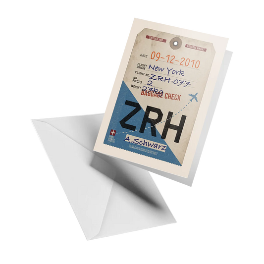 Illustrated greeting card by LEKKA: A retro ZRH luggage tag for Zurich